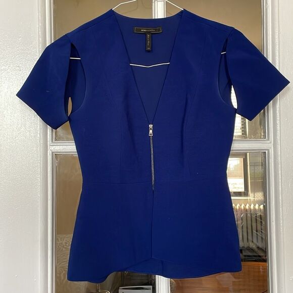 BCBGMaxAzaria under arm cutout short sleeve women’s blue peplum zip up blazer - Picture 1 of 15